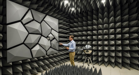 Anechoic showing scientist conducting electromagnetic interference testing in an anechoic...