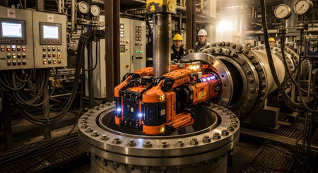 Equipment showing orange robotic equipment being lowered into a large industrial pipe flange...