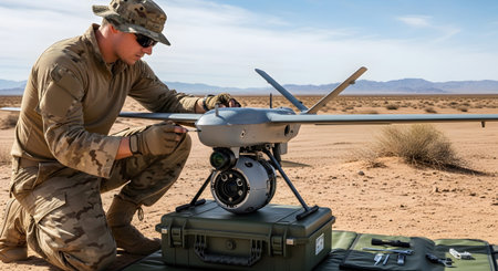 Drone showing soldier inspecting military drone in desert landscape with arid vegetation.