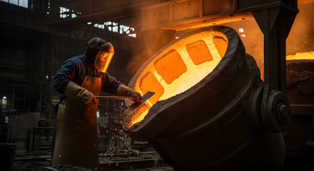 Gear showing metallurgist in protective gear tending to a glowing molten metal ladle in a dark...