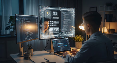 With showing man working at a desk with multiple computer screens displaying code and data.