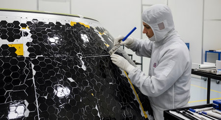 Technician showing technician in cleanroom suit meticulously assembling hexagonal solar panels...