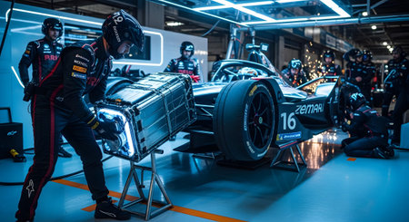 A person in a racing suit holds a glowing blue battery pack near the wheel of a sleek race car.