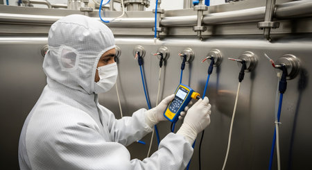 Check showing scientist in cleanroom suit uses digital meter to check sensors on large stainless...
