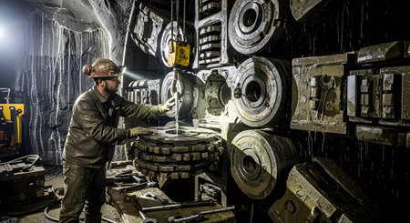 Underground showing miner operating heavy machinery in a dark, damp underground mine with...