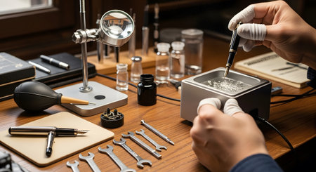 A person in white gloves cleans a fountain pen nib in an ultrasonic cleaner on a wooden workbench.