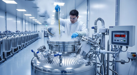 A scientist in a sterile laboratory uses a thermometer in a cryogenic tank emitting visible...