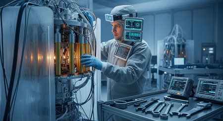 With showing scientist with augmented reality headset and multiple working on advanced quantum...
