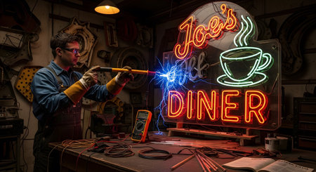 With showing technician repairing neon diner sign with electrical sparks. resolution