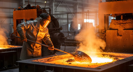 Glowing showing person in full protective suit working with a glowing vat of molten metal in a...