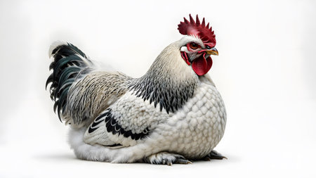 Rooster showing rooster with white and black feathers sitting on a white background.