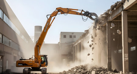 With showing orange excavator demolishing a building with debris falling and dust in the air....