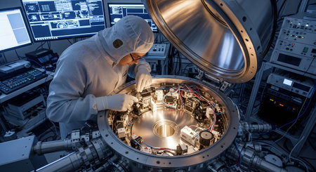 A person in a white cleanroom suit works on complex electronic components inside a large...