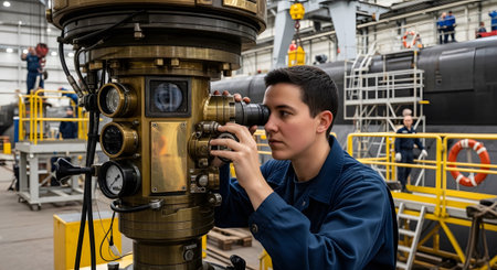 Brass showing naval technician inspects a large brass periscope in a shipyard with a submarine...