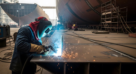 A welder in a protective mask and gloves creates bright sparks while working on metal in a large...