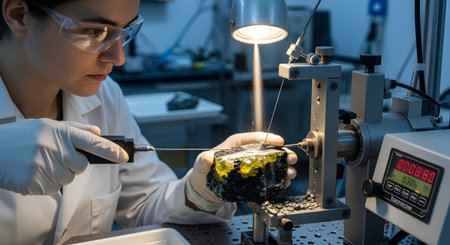 Tool showing researcher carefully uses a precision tool to work on a glowing yellow mineral...