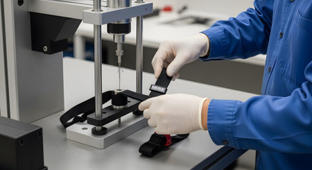 Hands in white gloves hold a black strap attached to a testing machine with a needle-like probe.