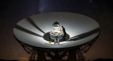 Radio showing technicians working on a large radio telescope dish at night. resolution...
