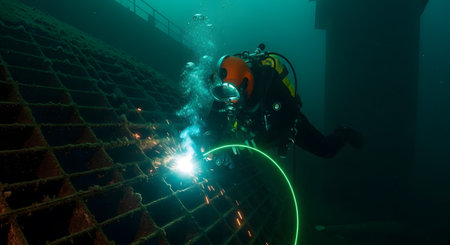 With showing underwater welder working on a submerged metal structure with bright sparks and...