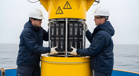 Two men in safety helmets and jackets work on a yellow offshore structure with rows of battery...