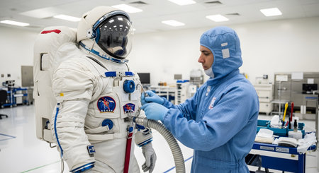 Technician in a blue cleanroom suit connects hoses to a white astronaut spacesuit in a sterile...