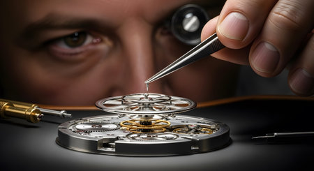 Tweezers showing watchmaker meticulously assembling intricate mechanical watch movement with...
