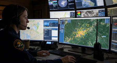 A woman with a headset intently watches multiple computer screens displaying maps and data in a...