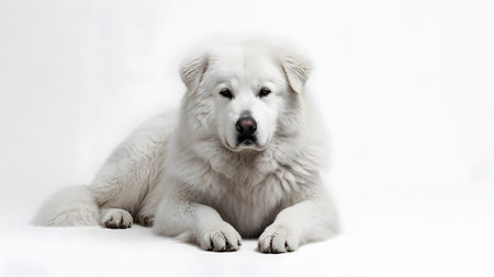 Pyrenees showing white pyrenees dog lying down on a white background with a fluffy coat.