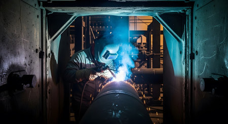 A welder in a helmet intensely works on a large metal pipe, creating bright blue sparks and...