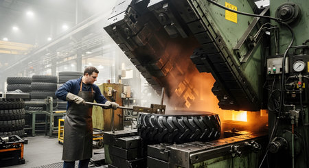 A worker in a factory uses tongs to operate heavy machinery in tire manufacturing with a large tire.