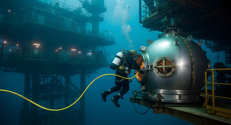 Diver showing underwater diver in full gear approaches a large metallic sphere with a yellow...