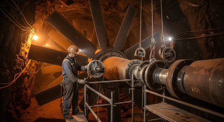 A worker wearing a hard hat and gloves carefully assembles large metal components of an...の写真素材