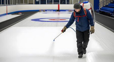Wearing showing worker in blue jacket and hat applying water to curling ice with a backpack...の写真素材