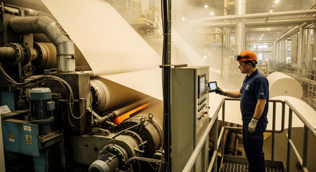 Worker showing worker in hard hat monitors a large paper making machine in a bright industrial...の写真素材