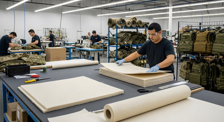 A worker wearing protective gloves and glasses carefully handles stacks of fabric sheets in a...