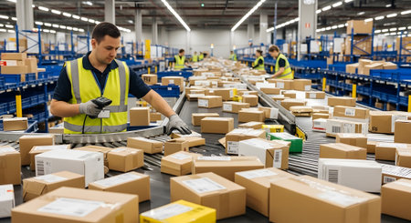 Conveyor showing warehouse employee scanning boxes on a busy conveyor belt system.の写真素材
