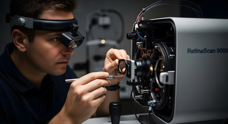 A man in a headset with a magnifying lens adjusts a complex medical device with a small tool.