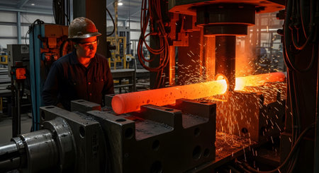 Shaping showing worker in hard hat operating hot metal shaping machine with sparks flying in...