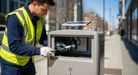 Smart showing worker in high-visibility vest and gloves performing maintenance on outdoor smart...