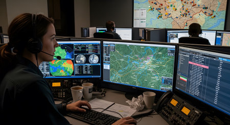 A woman in a headset analyzes complex data on multiple screens displaying maps and charts in a...