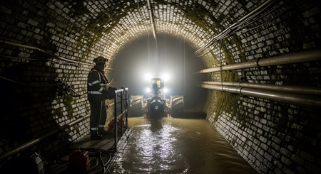 A worker stands in a dark, flooded brick tunnel illuminated by a tractor's headlights and...