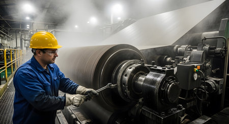 A man in a hard hat and safety glasses uses a wrench to adjust a large roll of paper on...