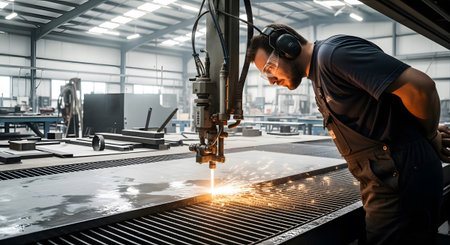 A man in headphones and goggles watches sparks fly as a plasma cutter slices metal....の写真素材