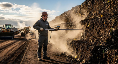 Work showing worker in hard hat and work clothes uses a probe to measure conditions in a large...の写真素材