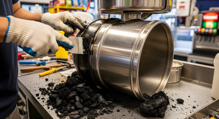 (2472) showing worker in gloves scrapes tar from a large metal drum with a spatula in a workshop...