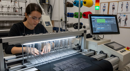 showing woman working at a high-tech textile manufacturing machine applying rhinestones to...