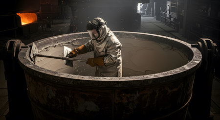 Worker showing worker in protective suit stirs in large industrial vat with glowing furnace....