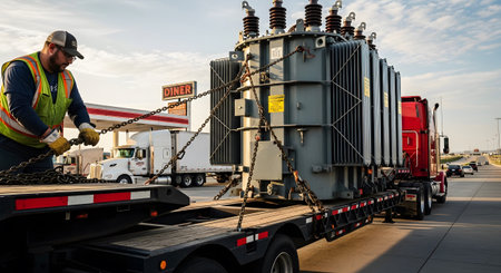A man in a safety vest fastens chains around a large grey electrical transformer on a flatbed truck.