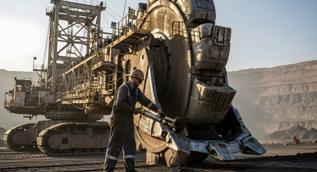 Maintenance showing miner performing maintenance on giant bucket wheel excavator in open pit...
