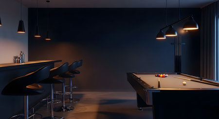 Billiard showing dark moody bar and billiard room with pool table and bar stools.